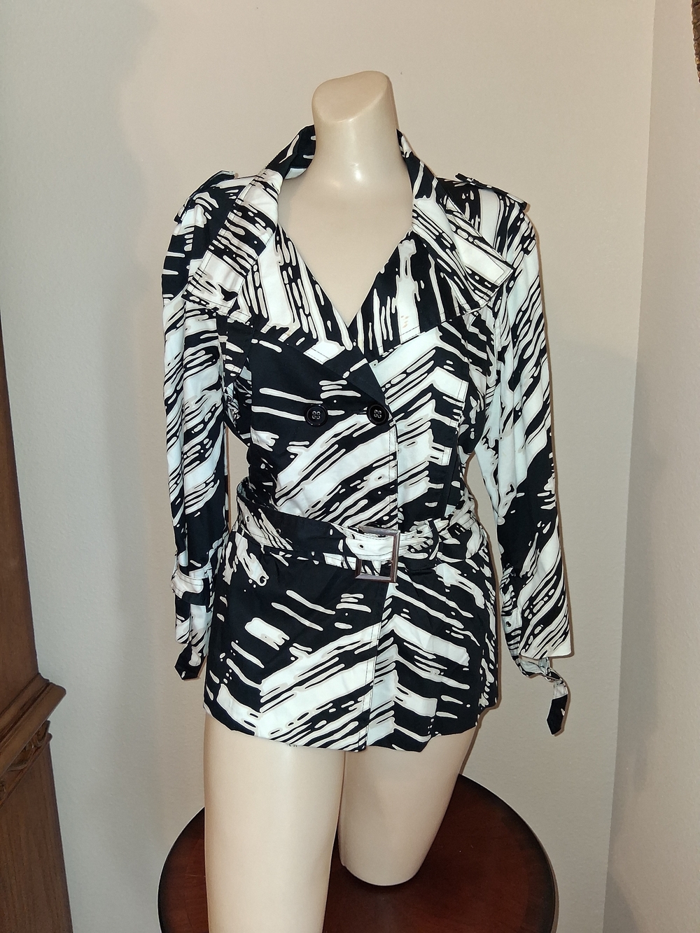 Susan Bristol Black and White Abstract Brushstroke Trench Coat